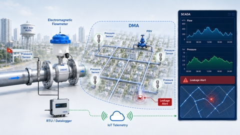 Flowmeter và pressure sensor trong DMA cấp nước