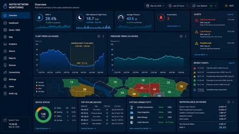 Giao diện dashboard giám sát DMA biểu đồ lưu lượng 24h, áp lực, MNF, bản đồ DMA