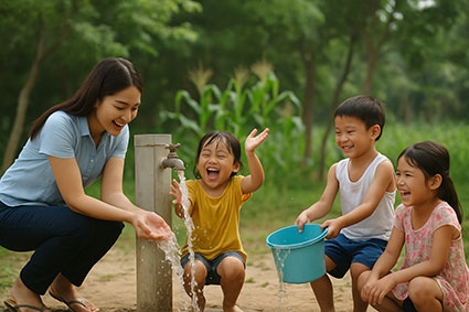Hình ảnh người dân sử dụng nước sạch, trẻ em vui chơi với nguồn nước an toàn