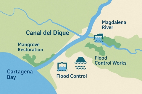 Hình Bản đồ Canal del Dique + công trình kiểm soát lũ