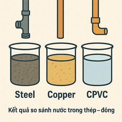 Hình minh họa kết quả so sánh nước trong thép – đồng – CPVC