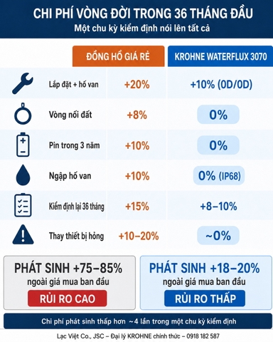 Infographic so sánh chi phí vòng đời 36 tháng đồng hồ nước giá rẻ và KROHNE WATERFLUX 3070