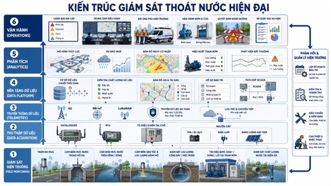 Kiến trúc giám sát thoát nước từ cảm biến datalogger đến dashboard mô hình cảnh báo và vận hành