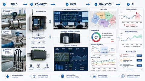 Kiến trúc Smart Water từ flowmeter, telemetry, SCADA đến Analytics và AI