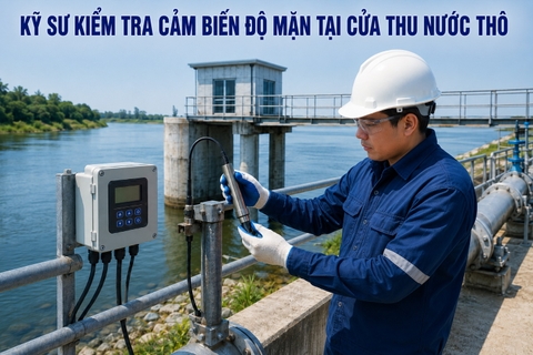 Kỹ sư kiểm tra cảm biến độ mặn tại cửa thu nước thô