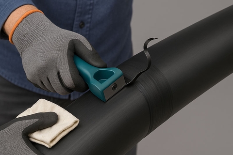 Ảnh làm sạch và cạo bề mặt ống HDPE.