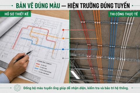 Legend màu ống luồn dây điện trên bản vẽ MEP đặt cạnh tuyến ống thi công thực tế