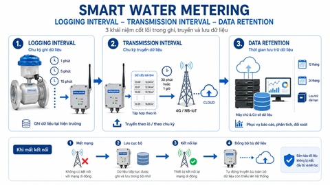 Phân biệt logging interval transmission interval và data retention trong Smart Water