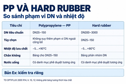 So sánh lớp lót đồng hồ điện từ hard rubber và polypropylene theo DN và nhiệt độ