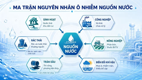 Ma trận nguyên nhân ô nhiễm nguồn nước – sinh hoạt, công nghiệp, nông nghiệp, rác thải, tràn dầu, biến đổi khí hậu