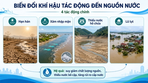 Minh họa biến đổi khí hậu tác động đến nguồn nước – hạn hán, xâm nhập mặn, thiếu nước hồ chứa, lũ lụt