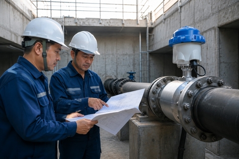 Kỹ sư nghiệm thu lắp đặt thiết bị đo tại hiện trường trạm bơm cấp nước