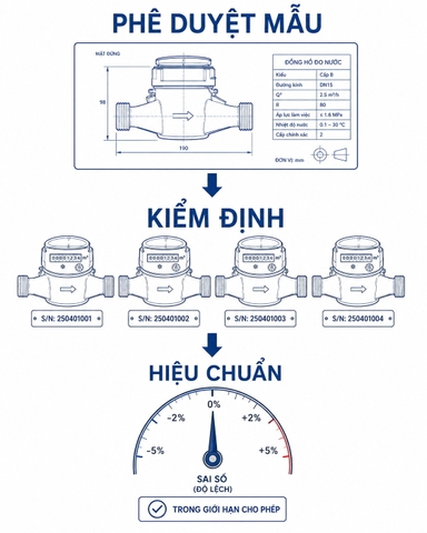 Sơ đồ phân biệt phê duyệt mẫu đồng hồ nước, kiểm định và hiệu chuẩn theo phạm vi áp dụng