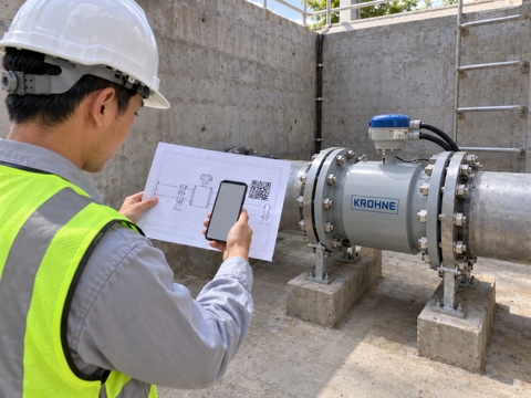 Kỹ sư quét mã QR mở datasheet song ngữ đúng DN600, tra cứu thông số đồng hồ điện từ ngay tại công trường