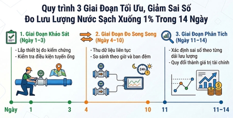 Quy trình 3 giai đoạn, giảm Sai Số Đo Lưu Lượng Nước Sạch Xuống 1% Trong 14 Ngày