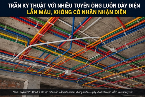 Trần kỹ thuật với nhiều tuyến ống luồn dây điện lẫn màu, không có nhãn nhận diện