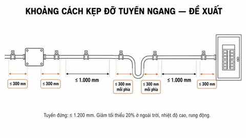 Sơ đồ khoảng cách kẹp đỡ ống luồn dây điện PVC Conduit và vị trí kẹp bổ sung