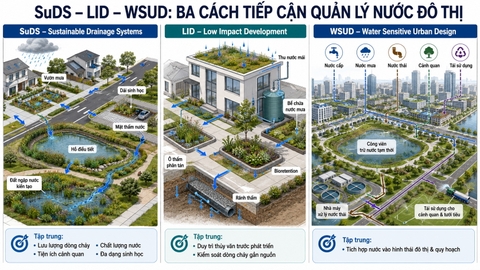 So sánh SuDS LID và WSUD trong quản lý nước mưa và quy hoạch đô thị nhạy cảm với nước