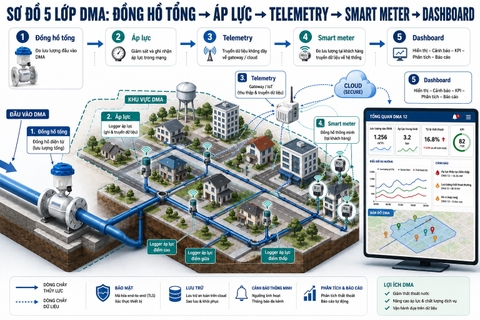 Sơ đồ 5 lớp DMA đồng hồ tổng → áp lực → telemetry → smart meter → dashboard