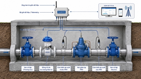 Sơ đồ cấu hình PRV van điều áp tại điểm vào DMA kết hợp flowmeter và pressure logger
