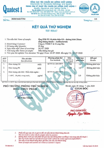 Kết quả thử nghiệm Ống PPr kháng khuẩn GS D25 (1 lớp) PN10