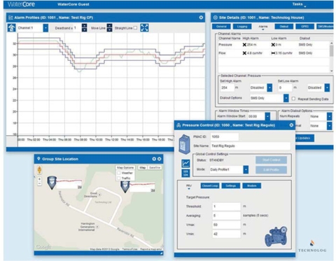 WaterCore cho phép cấu hình đầy đủ từ xa các bộ ghi dữ liệu của Technolog và bộ điều khiển áp lực