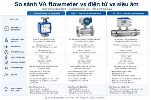 Bảng so sánh lưu lượng kế kiểu phao với flowmeter điện từ và siêu âm