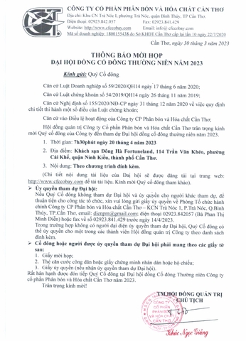 THÔNG BÁO MỜI HỌP ĐẠI HỘI ĐỒNG CỔ ĐÔNG THƯỜNG NIÊN NĂM 2023