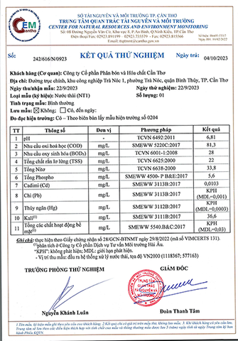 CFC - Kết quả quan trắc môi trường quý III - IV năm 2023