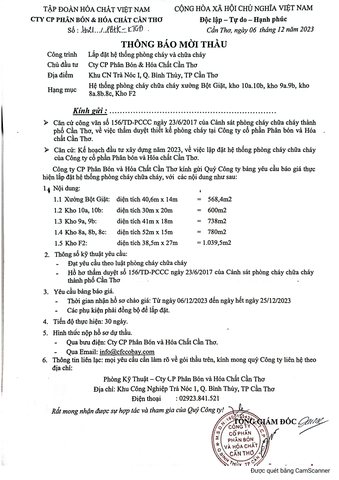 CFC - Thông báo mời thầu lắp đặt công trình Phòng Cháy Chữa Cháy