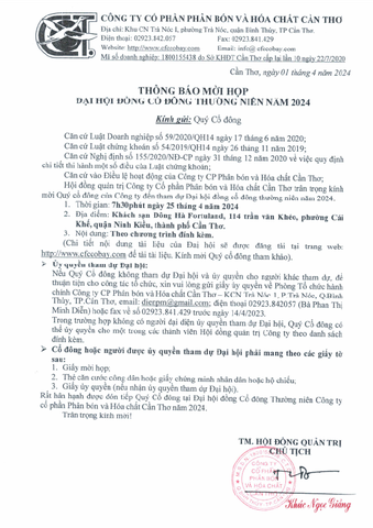 Thư mời họp - Đại Hội Cổ Đông 2024