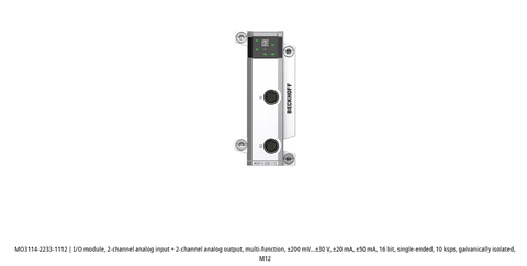 MO3114-2233-1112 | I/O module, 2-channel analog input + 2-channel analog output, multi-function, ±200 mV…±30 V, ±20 mA, ±50 mA, 16 bit, single-ended, 10 ksps, galvanically isolated, M12