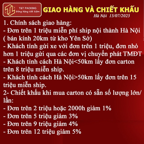 HÀ NỘI BÁO GIÁ HỘP CARTON, BĂNG DÍNH, XỐP HƠI ÁP DỤNG NGÀY 15/07/2025