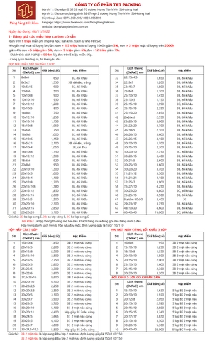 BẢNG GIÁ HỘP CARTON  BĂNG DÍNH XỐP HƠI NGÀY 8/11/2022
