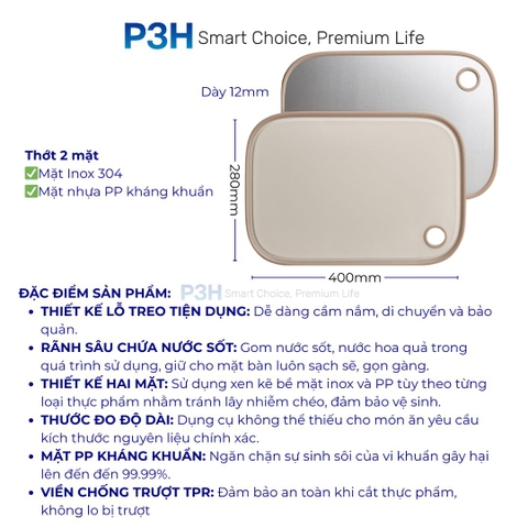 Thớt hai mặt LocknLock Double sided board inox 304, nhựa PP kháng khuẩn CKD096IVY P3H