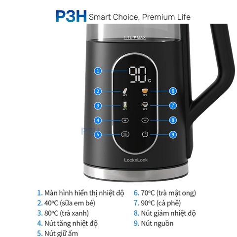 Ấm đun siêu tốc LocknLock Digital electric kettle 1.7L- Màu đen EJK286BLK P3H