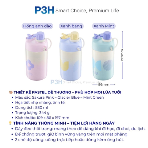 Bình giữ nhiệt Inochi Fuji Glee 580ml 2 chế độ uống dây đeo chéo màu sắc thời trang P3H