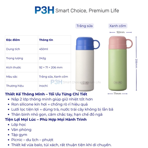 Bình Giữ Nhiệt Inochi Fuji Jolly 450ml nắp dùng làm ly uống, quai xách tiện lợi P3H