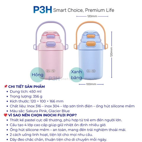 Bình giữ nhiệt Inochi Fuji POP 450ml nắp 2 tầng 2 cách uống , dây deo tiện lợi P3H