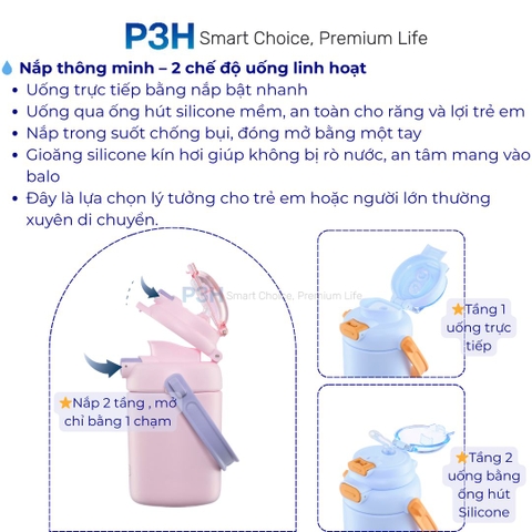 Bình giữ nhiệt Inochi Fuji POP 450ml nắp 2 tầng 2 cách uống , dây deo tiện lợi P3H
