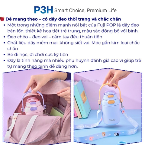 Bình giữ nhiệt Inochi Fuji POP 450ml nắp 2 tầng 2 cách uống , dây deo tiện lợi P3H