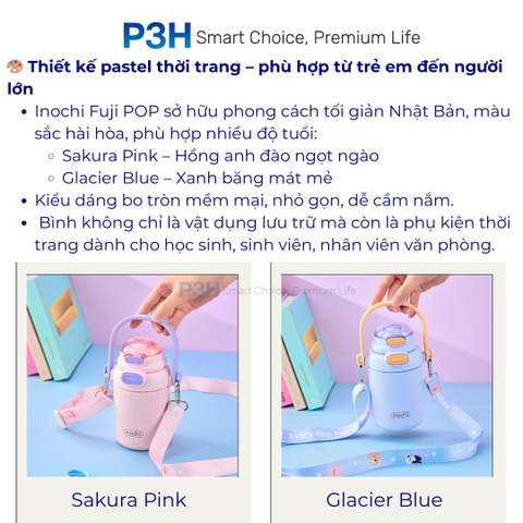 Bình giữ nhiệt Inochi Fuji POP 450ml nắp 2 tầng 2 cách uống , dây deo tiện lợi P3H