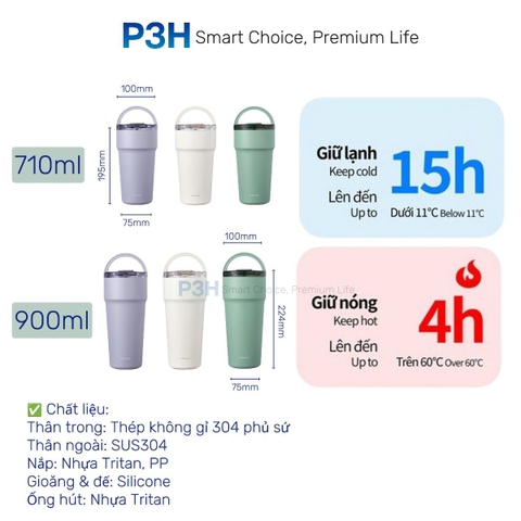 Bình giữ nhiệt LocknLock Metro Cafe Top Handle phủ sứ LHC4416 710ml / LHC4419 900ml có quai xách và ống hút đi kèm P3H