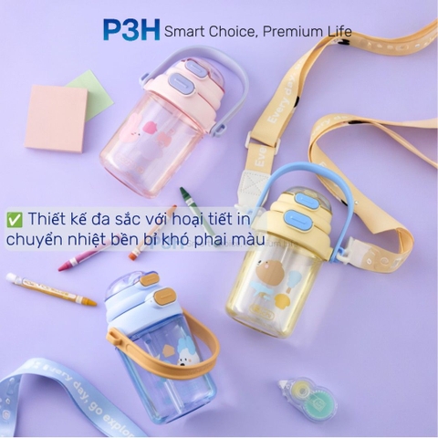Bình nước nhựa Tritan Inochi Kita POP 560ml nắp mở 2 tầng có quai xách và dây đeo P3H