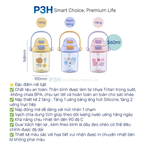 Bình nước nhựa Tritan Inochi Kita POP 560ml nắp mở 2 tầng có quai xách và dây đeo P3H