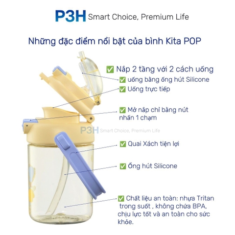 Bình nước nhựa Tritan Inochi Kita POP 560ml nắp mở 2 tầng có quai xách và dây đeo P3H