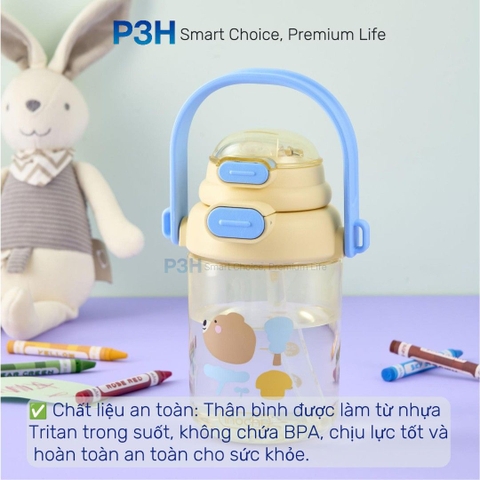 Bình nước nhựa Tritan Inochi Kita POP 560ml nắp mở 2 tầng có quai xách và dây đeo P3H