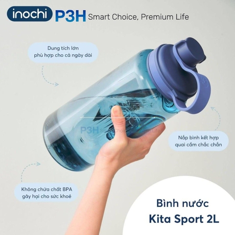 Bình nước thể thao nhựa Tritan Inochi Kita Sport dung tích lớn 2L nắp vặn dễ di chuyển P3H