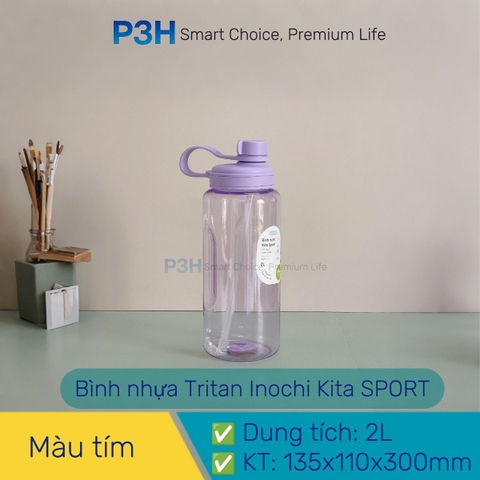Bình nước thể thao nhựa Tritan Inochi Kita Sport dung tích lớn 2L nắp vặn dễ di chuyển P3H