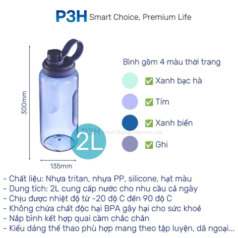 Bình nước thể thao nhựa Tritan Inochi Kita Sport dung tích lớn 2L nắp vặn dễ di chuyển P3H